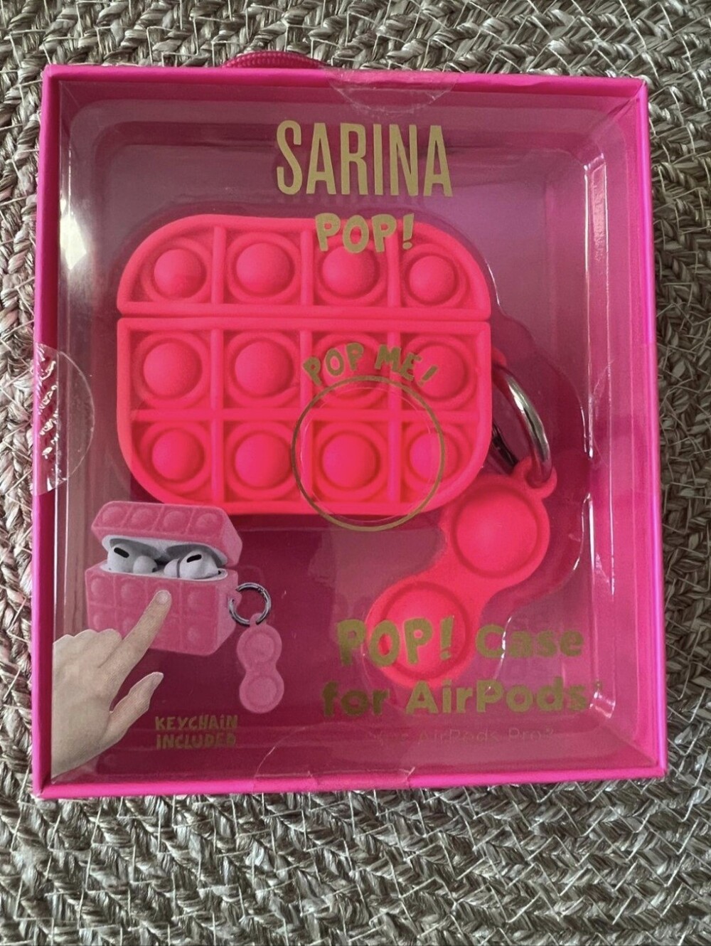 pop Hot Pink Silicone Pop-It AirPods Case with Matching Keychain.